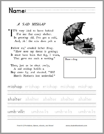 A Sad Mishap Poem Worksheet - Free to print (PDF file) for kindergarten and first grade.