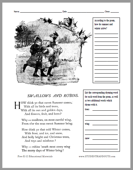 Swallows and Robins Poem Worksheet - Free to print (PDF file).