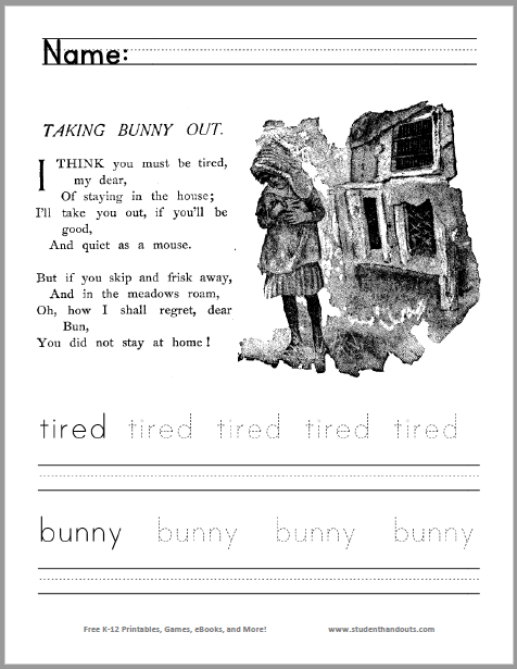 Taking Bunny Out: Children read the poem and color the picture, then read, trace, and write two terms from the poem. Free to print (PDF file). For kindergarten and first grade.