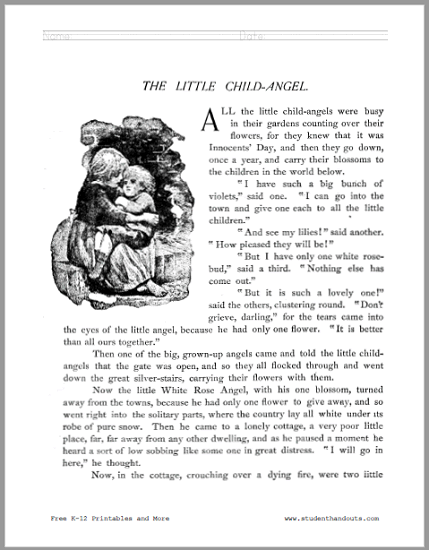The Little Child Angel Short Story Workbook - Free to print (PDF file). Four pages in length.