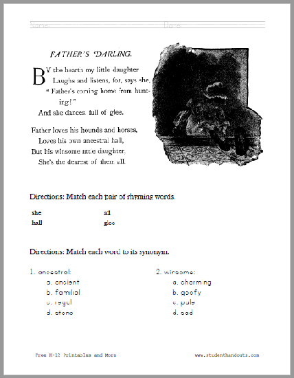Father's Darling Poem Worksheet - Free to print (PDF file).