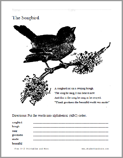 The Songbird Poem Worksheet - Free to print (PDF file).