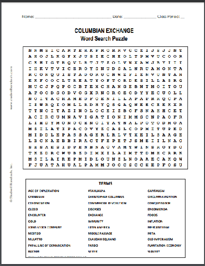 Columbian Exchange Word Search Puzzle - Free to print (PDF file) for high school World History students.