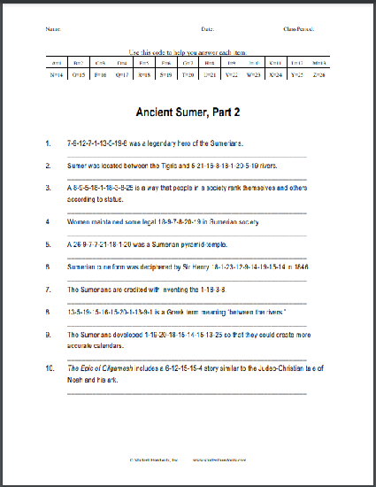 Ancient Sumer - Code Puzzle Worksheet #2: Free to print (PDF file) for World History.