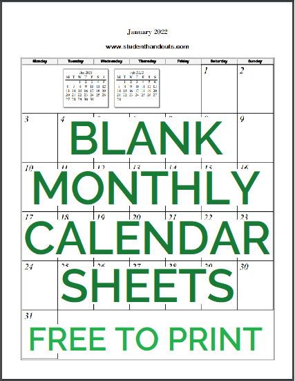 Free Printable Blank Monthly Calendar Sheets - Select and print (PDF files).